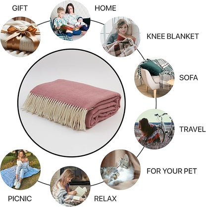 | Wool Blanket/Throw | 100% New Zealand Wool | Perfect for Home and Outdoors | Virgin Wool Throw with Fringes 67"x79" (170 x 200 cm)