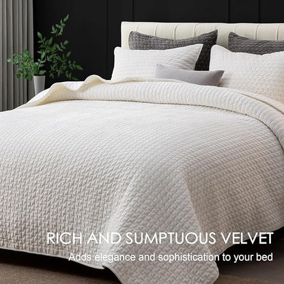 Powdion Velvet Quilt King Size,Bedspread Quilted Bedding Set, Luxurious Soft Coverlet Set Lightweight Velvet Comforter for All Season with 2 Pillow Shams, Striped Quilt Set, 96x106 Cream White