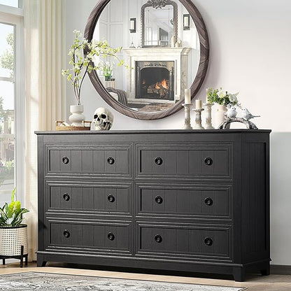 Bedroom Dresser and Nightstand Sets 4 Piece, Farmhouse 6 Drawers Dresser & 40.5" Tall Chest of Drawers, 18" Nightstands Set of 2, 54" Wide Furniture Dressers for Bedroom, Living Room, Black