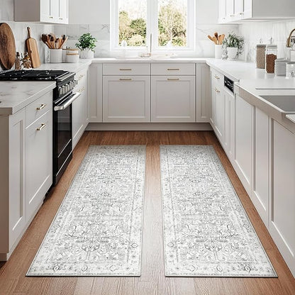 jinchan Lima Kitchen Runner Rug 2x5-2pcs, Vintage Hallway Rug Washable Floral Non Slip with Rubber Backing Soft Carpet Runner for Bedroom Laundry Room Living Room Grey