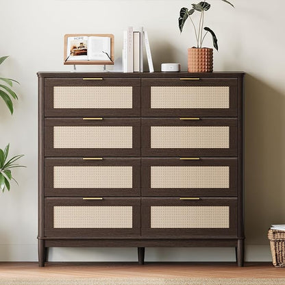 LINSY HOME Rattan Dresser for Bedroom with 8 Drawers, 54" Wide Chest of Drawers, Mid Century Modern Dresser TV Stand with Metal Handle, Wood Closet Storage Cabinet for Living Room, Hallway, Walnut