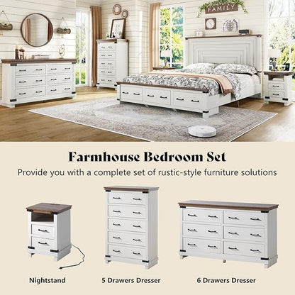 AMERLIFE Farmhouse Nightstand with Charging Station, 18" Wood Rustic Night Stand with 2 Storage Drawers, Heavy Duty Bedside Sofa Side End Tables for Bedroom, Living Room, Antique White