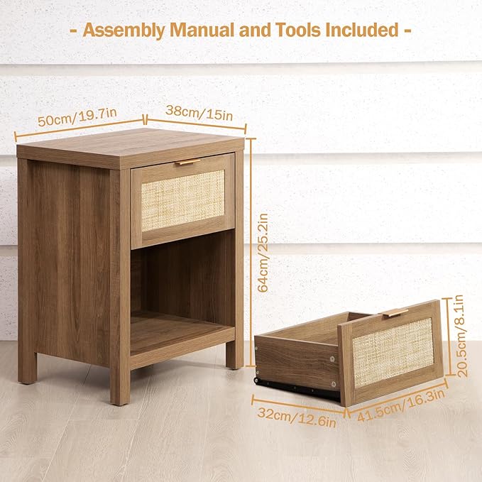 SICOTAS Rattan Nightstands Set of 2 - Farmhouse Night Stand with Drawer and Storage Shelf - Boho Bedside Table End Side Table for Bedroom, Oak