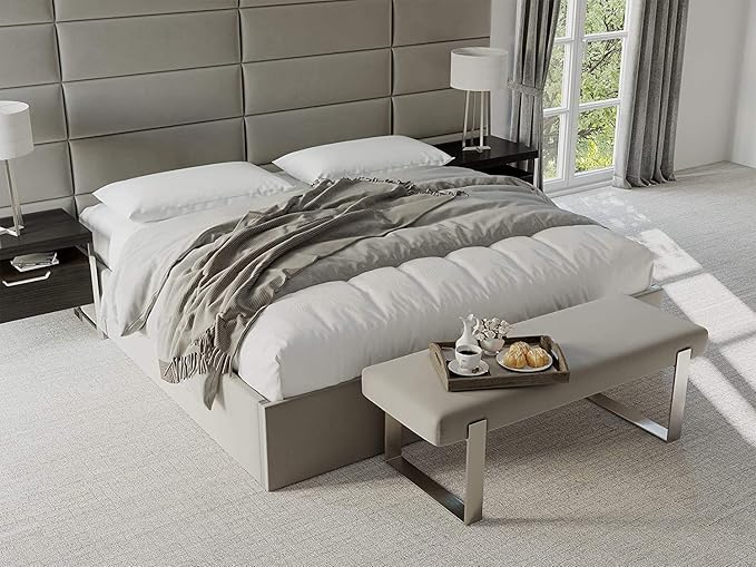 VANT Upholstered Bed Bench - Vintage Leather White Dove - Brushed Nickel - Contemporary Modern, Bedroom Bench Seat, Hallway, or Entryway