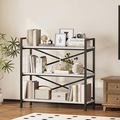 Homeiju 3 Tier Bookshelf 31.49" Width, Wood and Metal Etagere Bookcase, Vintage Farmhouse Modern Wooden Big Book Shelf for Home Living Room Bedroom Office Storage(White)