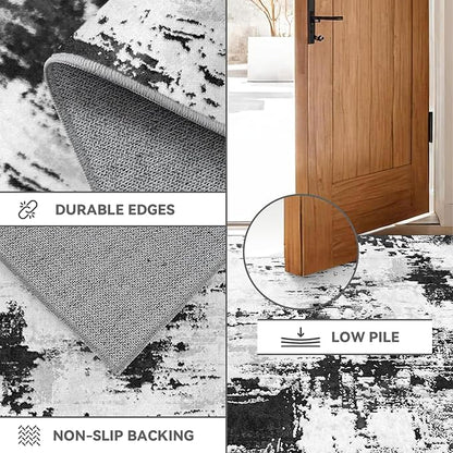 3x12 Long Hallway Runner Rug: Kitchen Rugs Non Slip Washable Low Pile Abstract Rug Runner with Rubber Backing Indoor Stain Resistant Carpet Runners for Bedroom Dining Living Room Black White