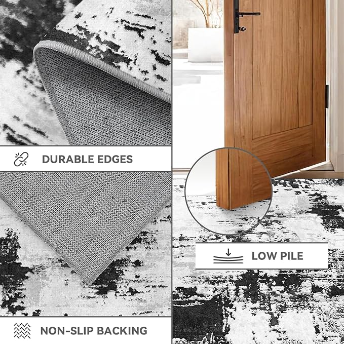 3x8 Hallway Washable Runner Rug: Extra Long Kitchen Runner Non Slip Abstract Rugs Printed Faux Wool Low Pile Soft Indoor Floor Carpet for Bedroon Dining Living Room Bathroom Black White 3x8