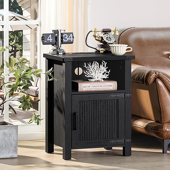 Joaxswe Night Stand, 18 Inch Farmhouse Nightstand with with Charging Station and USB Port, Rustic Couch End Table with Magnetic Door, Wood Bed Side Tables for Bedroom, Home, Black