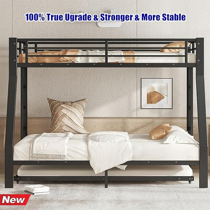 LUCALEO Stronger & Truly Reinforced Heavy Duty Metal Bunk Bed Twin Over Full Size Bunkbed, Thickened More Stable & Safer Steel Bunk Bed Frame with Twin Size Trundle (Greater Weight Capacity)