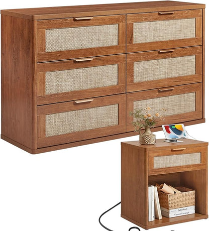 LEYAOYAO Rattan Dresser and Nightstand Set of 2, Boho Wood Dresser for Bedroom with 6 Drawers and Night Stand with Charging Station, Bedroom Furniture, Dressers & Chests of Drawers,Living Room,Hallway