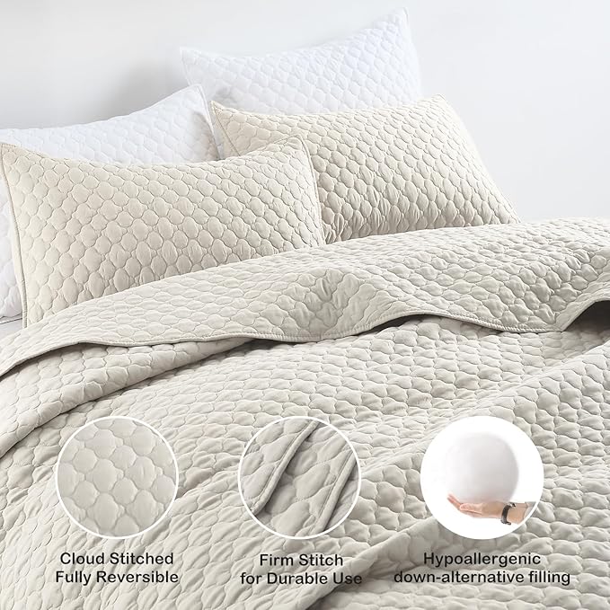 HORIMOTE HOME Quilt Set King Size Beige Bedspread, Modern Style Quilted Clouds Pattern Soft Coverlet Set Lightweight Microfiber Quilted Bedspread for All Season