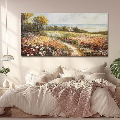 YETHEN WAL Floral Wildflower Meadow Wall Art – Countryside Cottage Landscape Canvas Print, Rustic Farmhouse Coastal Décor for Hallway Living Room Bedroom, 20×40 Inch