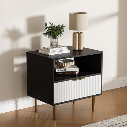 Nightstand with Drawer, End Table with Storage, Bed Side Table with Open Space for Bedroom, Modern Nightstand with Golden Handle, Side Night Stand for Bedroom, Living Room, Black & White
