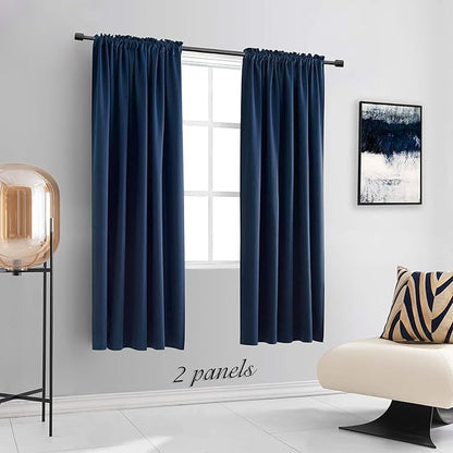 DONREN Navy Blue Blackout Curtain Panels for Short Window - 2 Pack Thermal Insulated Room Darkening Rod Pocket Curtains for Bedroom (52 by 63 Inch,2 Panels)