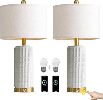 PoKat Stone-Like Ceramic Table Lamps with USB Ports for Bedroom, 25'' Matte-White Dimmable Nightstand Touch Lamps for Night Stands with Gold Base, Farmhouse Lamps for Living Room End Side Table