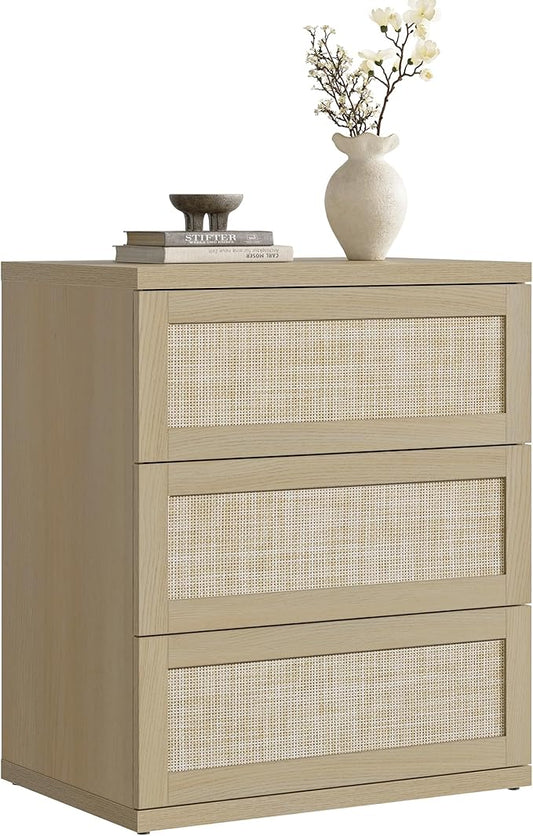 SICOTAS Dresser for Bedroom - 31" Tall Rattan Dresser with 3 Drawers Boho Dressers & Chests of Drawers Dressers for Bedroom Deep Bedside Table Clothes Closet Storage for Closet Hallway Entryway