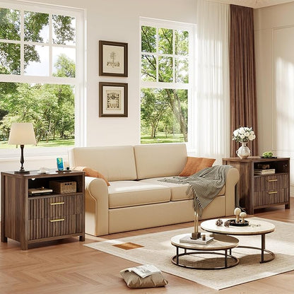 CypBed Night Stand with Charging Station, Bedside Tables with 2 Drawers & Storage Shelf, Wood Fluted Nightstand with Rounded Corner Design, Modern End Table for Bedroom, Easy Assembly