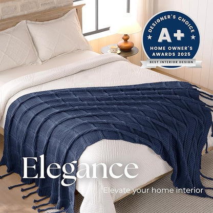 Boho Knitted Chenille Blanket with Tassels - Lightweight & Soft All-Season Throw - 3D Classic Pattern for Living Room Bedroom Couch, Royal Blue, Twin 60"x80"