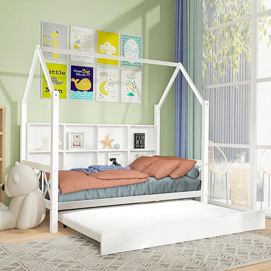 Full House Bed with Trundle Bed for Kids,Wooden Full Size Bed Frame with Roof Guardrails Wood Slats, Headboard for Boys Girls, No Box Spring Required, White