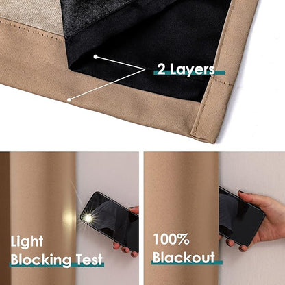 ChrisDowa 100% Blackout Curtains for Bedroom with Black Liner, 2 Thick Layers Total Blackout Thermal Insulated Grommet Small Window Curtains 2 Panels Set (Cappuccino, 42 x 45 Inch)