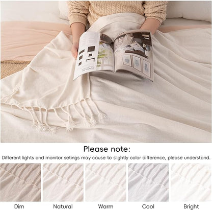 BATTILO HOME Off White Throw Blanket for Couch, Bed, Sofa - Soft Cozy Cream Chenille Throw with Fringe Tassels, Lightweight Farmhouse Knit Throw for Home Decor, 50"x60"