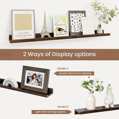 Picture Ledge Shelf, Floating Shelves Set of 2, 32 Inches Solid Wood Nursery Book Shelves for Toys Storage, Kids Bookshelf Wall Mounted for Living Room Bedroom Decor Books Photo Frames, Walnut