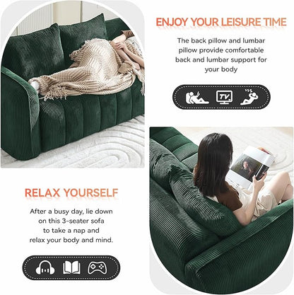 Corduroy Boneless Living Room Sets, Modern Upholstered 3 Seater Sofa with 2 Signle Accent Chairs, Comfy Deep Seat Cloud Sofa Couch Sets for Living Room, Green