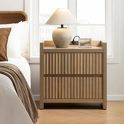 SICOTAS Night Stands Set of 2-Fluted Nightstands with Charging Station- Modern 2 Drawers Nightstand 25" Tall Bedside Table End Table, Large Night Stand for Bedroom, Sofa Side
