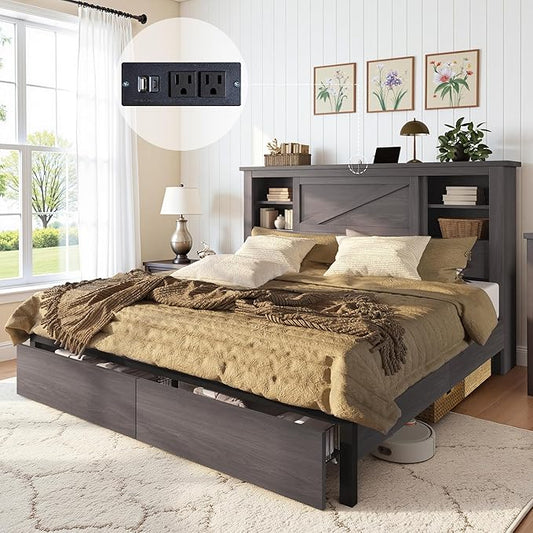 AMERLIFE 47.2" H King Bed Frame with Hidden Space Bookcase Headboard and Charging Station, Beds with 2 Storage Drawers and Wood Slats, No Box Spring Needed, Grey