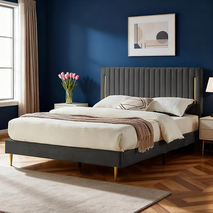 Queen Platform Bed Frame, Velvet Upholstered Bedframe with Vertical Channel Adjustable Headboard, Golden Plating Trim, Mattress Foundation with Wooden Slats, No Box Spring Needed, Grey