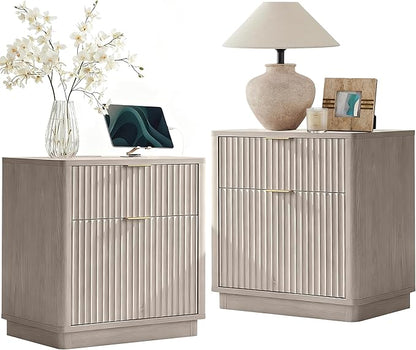 T4TREAM 23'' Fluted Nightstand Set of 2 with Charging Station, Large 2 Drawer Side Table, Modern End Table with Storage, Mid Century Bedside Table for Bedroom, Living Room, Curved Profile, White Alder