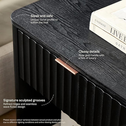 mopio Brooklyn Fluted Nightstand, Modern Farmhouse Nightstand, Small Side, Wood Bedside Table with Drawer, End Table with Storage, Fluted Night Stand, Curved Profile (Black Oak, Set of 2)