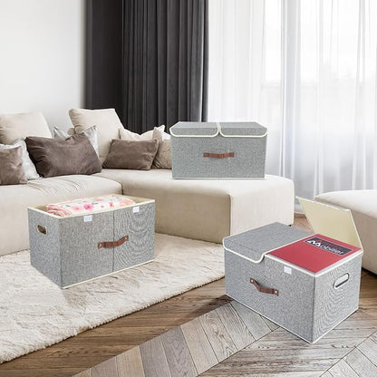 TYEERS Extra Large Collapsible Storage Bins with Lids and Compartments, Organizing Bins for Closet Storage, Clothes Storage, Cube Organizer for Home Office Storage - 3 Pack - Gray
