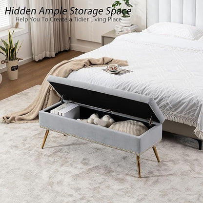 Velvet Storage Bench with Gold Legs& Nailhead Trim, 46" Wide Upholstered Modern Bedroom Bench for End of Bed, Tufted Ottoman for Entryway Living Room Dining Room (Gray, 46" Wide)