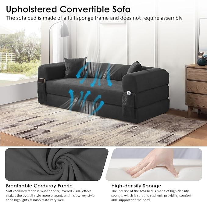 80" Convertible Sofa Bed, Corduroy Deep Seat Folding Pull Out Couch with Pillows, No Assembly Modern Boneless Couch Compression Sofa in Box, Floor Sofa with Storage Pocket for Living Room,Dark Grey