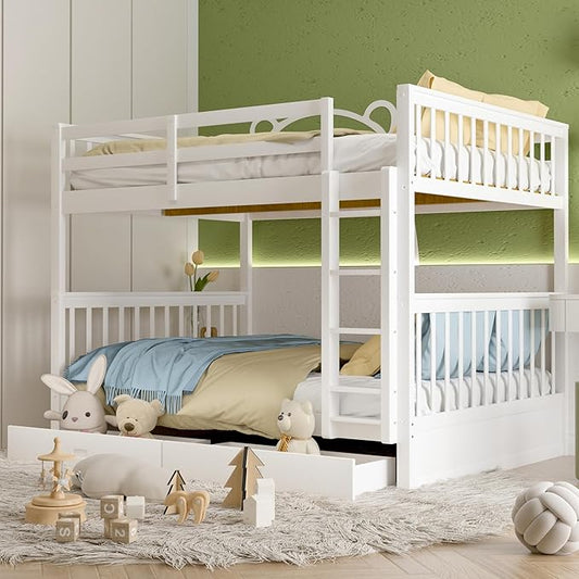 Merax Wood Bunk Bed with Drawers,Convertible Bunk Bed with Ladders and Two Storage Drawers,Solid Wood Detachable Bed Frame with Ladders,Full Over Full,White