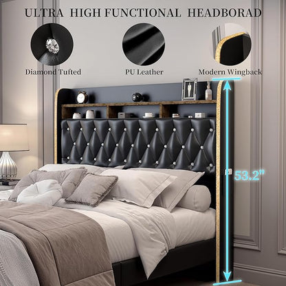 King LED Bed Frame with 2 Storage Drawers, PU Upholstered Platform Beds with Galaxy Star Projector Charging Station Speaker, Aurora Bedframe with 2-Tier Storage Headboard, Noise-Free, Black