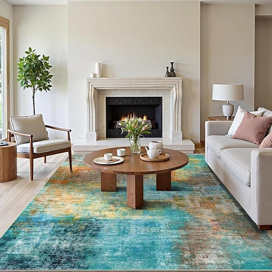 5x7 Area Rugs - Ultra-Thin Washable Rug with Non-Slip Backing, Ideal for Living Room, Bedroom, Kitchen Floor Carpet - Modern Abstract Style, Easy Clean, Durable, Low Pile Rug, Rosy Clouds