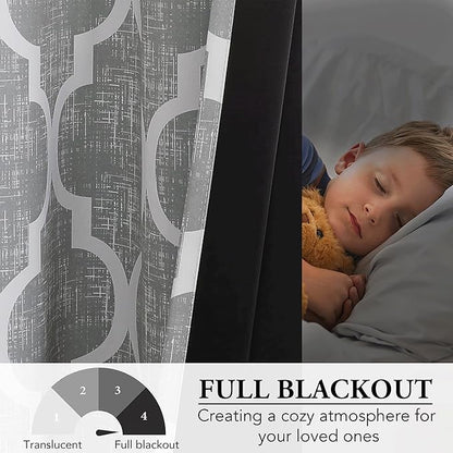 Beauoop 100% Blackout Curtains 63 Inches Long 2 Panels for Bedroom Living Room Grey Moroccan Geo Room Darkening Thermal Insulated Soundproof Grommet Top Window Treatments Drapes, 50x63 Set of 2