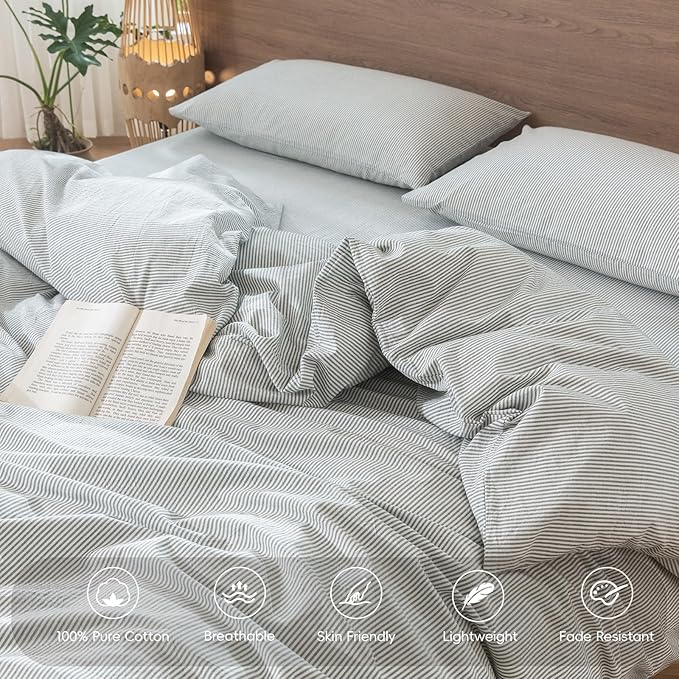 MooMee Striped Duvet Cover Set 100% Washed Cotton Linen Like Textured Breathable Durable Soft Comfy (Heathered Green Pinstripes, Super King Plus 120"x120")