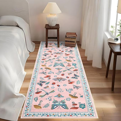 Mushroom Insect 2x6 Runner Rug for Hallway Washable Kitchen Rugs Non Slip with Rubber Back Pink Low-Pile Stain Resistant Indoor Carpet for Entryway Bathroom Laundry Dorm