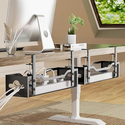 2 Pack Under Desk Cable Management Tray, 13.38" Cable Organizer No Drill, Quszmd Standing Cord Organizer and Wire Management - Black