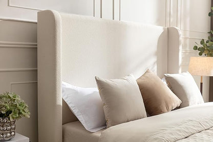 California King Size Upholstered Bed Frame, Platform Bed Frames with 54" Tall Headboard Wingback, Strong Wood Slats Support/No Box Spring Needed/Elegant Simplicity/No Noise, Beige Boucle