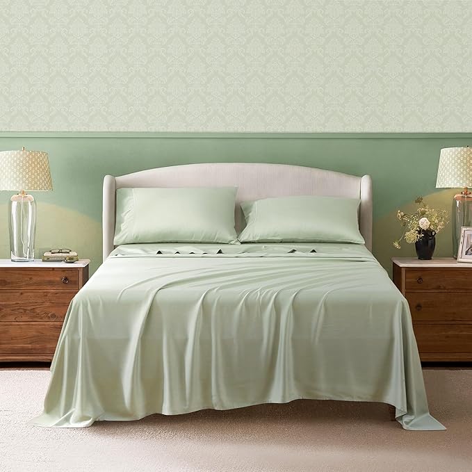 Linen World Cooling Bed Sheets Set Queen Size,100% Organically Grown Viscose Sheets,Deep Pocket Up to 16",4 Pieces Silky Soft,Breathable Bedding Sheets & Pillowcases(Sage Green,Queen)