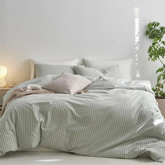 MooMee Striped Duvet Cover Set 100% Washed Cotton Linen Like Textured Breathable Durable Soft Comfy (Sage Green White Wide Stripes, Oversized King Plus 128"x120")