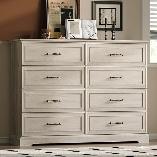 Farmhouse 8 Drawers Dresser for Bedroom, 54" Wide Modern Chest of Drawers with Deep Drawers & Bar Handles, Rustic Wood Dresser TV Stand, Wooden Closet Storage Organizer for Living Room, Hallway, Grey