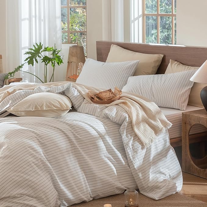 MooMee Striped Duvet Cover Set 100% Washed Cotton Linen Like Textured Breathable Durable Soft Comfy (White Cornflower Blue Wide Stripes, Cal King 104"x98")