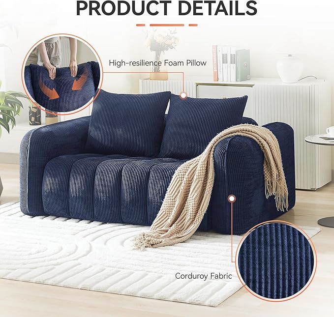 66'' Boneless Corduroy Loveseat Sofa, 2 Seater Tufted Deep Seat Couch with Rounded Armrest, Upholstered Cloud Couch for Living Room, Bedroom, No Assembly, Navy