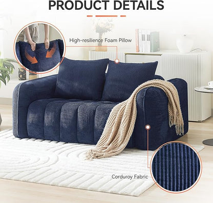 66'' Boneless Corduroy Loveseat Sofa, 2 Seater Tufted Deep Seat Couch with Rounded Armrest, Upholstered Cloud Couch for Living Room, Bedroom, No Assembly, Navy
