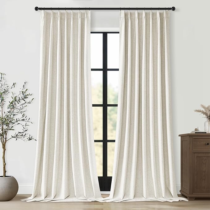 Topfinel 105 Inches Long Custom Black Out Faux Thick Linen Drapery Panels, Pinch Pleated Heat Reflective Cream Curtains with Pin Hooks, Luxury Lined Back Tab Drapes 2 Panels for Living Room